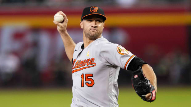Former Orioles pitcher Jack Flaherty throws a pitch.